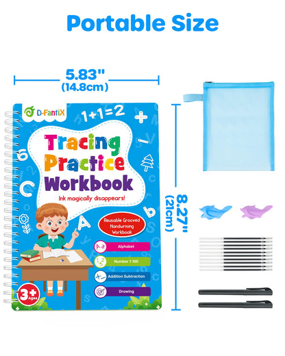 Child using the D-FantiX grooved alphabet tracing book with comfortable grip tool