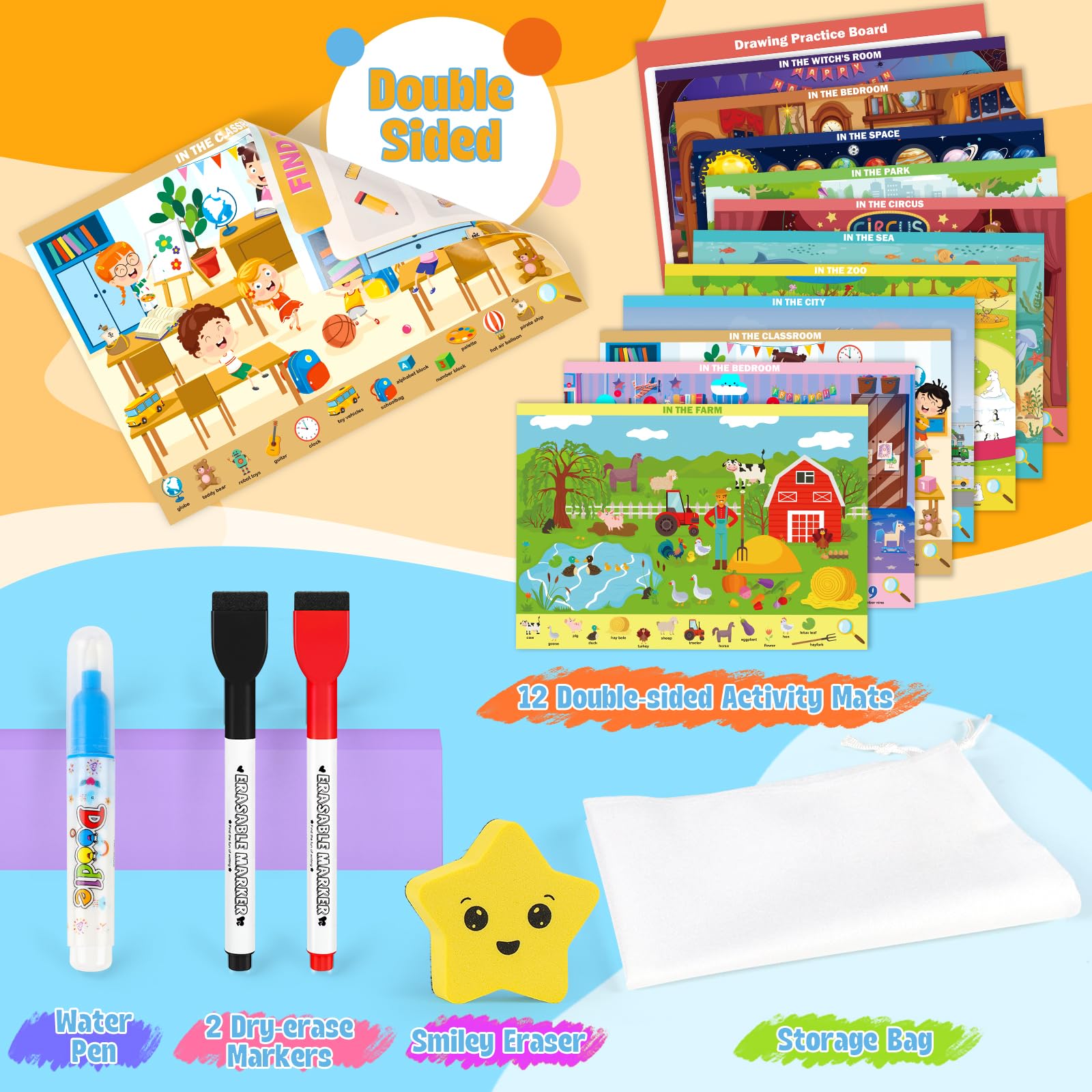 Meaicezli mess free coloring book showing a child using the water pen on mats
