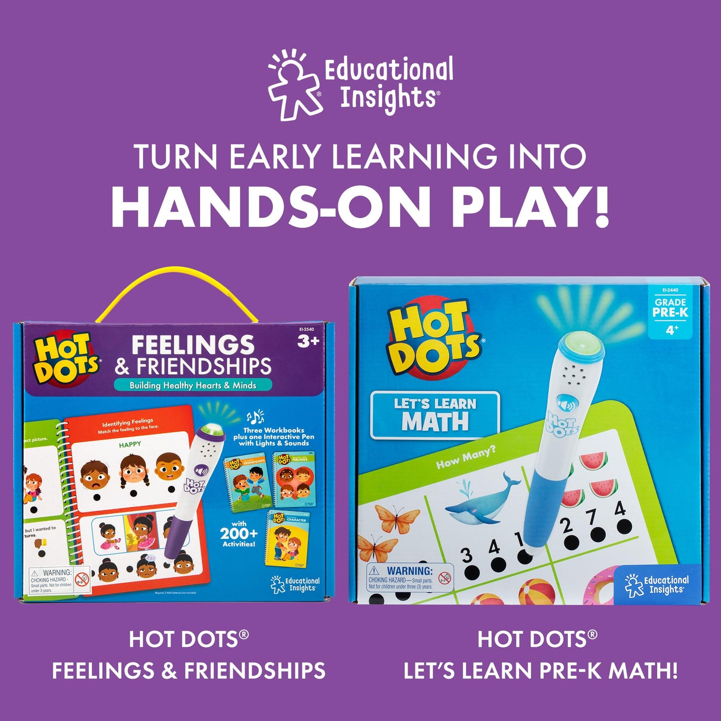 Educational Insights Hot Dots literacy set showing the fifty page lesson layout for ages three plus