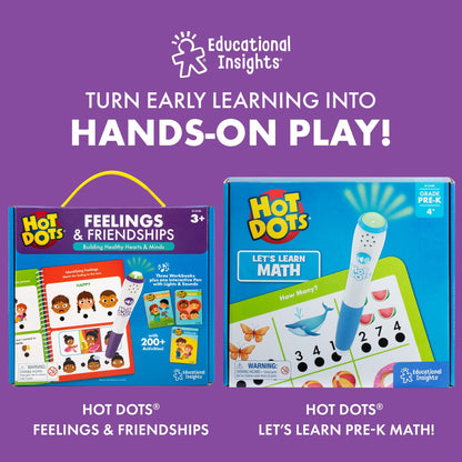 Educational Insights Hot Dots literacy set showing the fifty page lesson layout for ages three plus