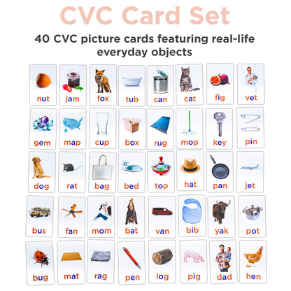 Montessori And Me 284 pieces alphabet set with consonant vowel consonant picture cards laid out for spelling practice.
