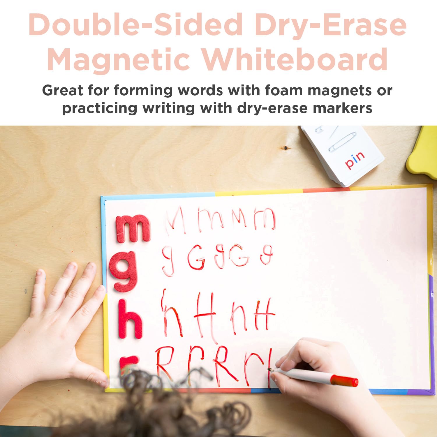 Montessori And Me foam magnetic letters organized inside the segmented compartment storage box.