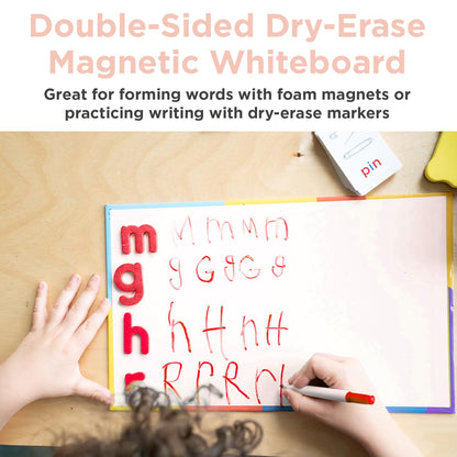 Montessori And Me foam magnetic letters organized inside the segmented compartment storage box.