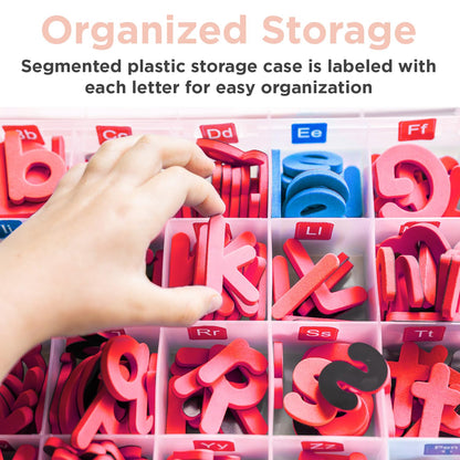 Close up view of the durable red and blue foam magnetic letters sticking to a white surface.