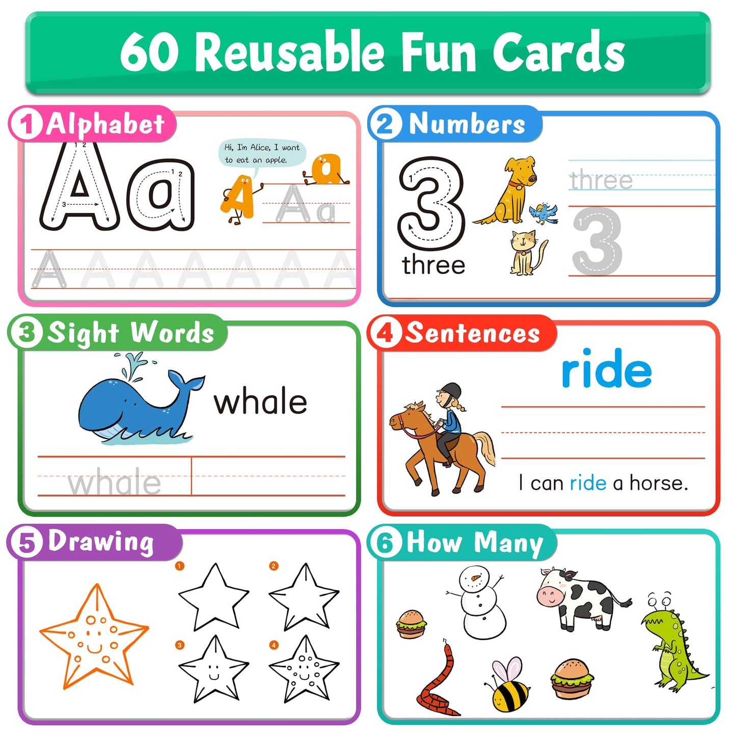 Double sided preschool sight words flashcards displaying animal illustrations and early vocabulary training sentences.