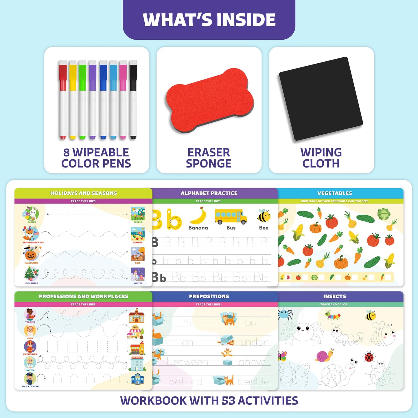 Clever Fox Play pre-kindergarten activity book open to an alphabet tracing page with dry erase markers