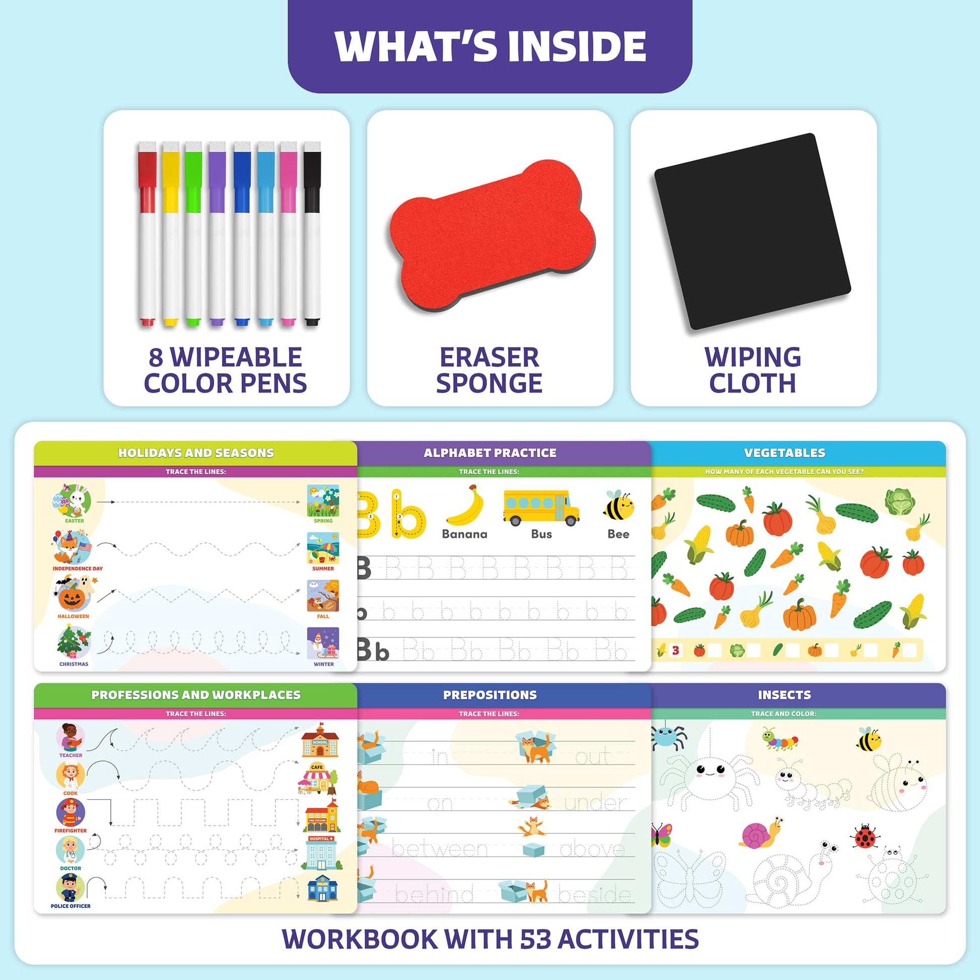 Clever Fox Play pre-kindergarten activity book open to an alphabet tracing page with dry erase markers