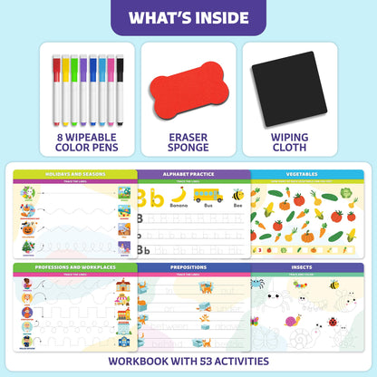 Clever Fox Play pre-kindergarten activity book open to an alphabet tracing page with dry erase markers