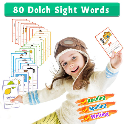 Child using the wipe clean educational cards to practice writing words with the included non toxic erase markers.