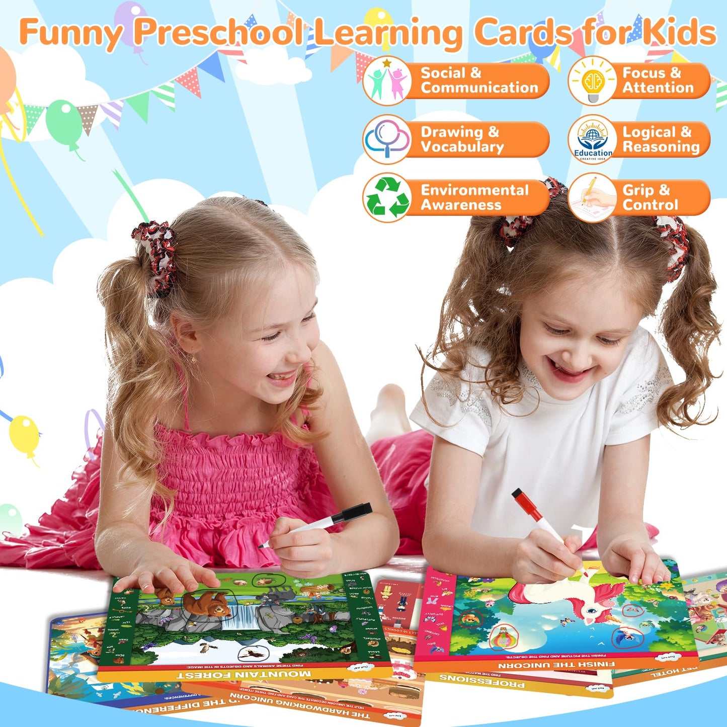 Toddler busy book kit items arranged to show the double sided educational mats and different matching puzzles.