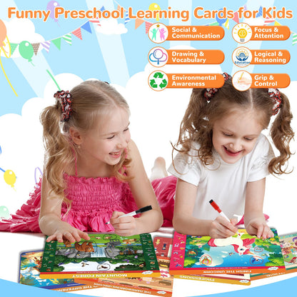 Toddler busy book kit items arranged to show the double sided educational mats and different matching puzzles.