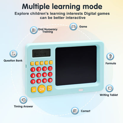 Mannequin 2 in 1 writing pad showing child solving arithmetic problems using the digital stylus pen.