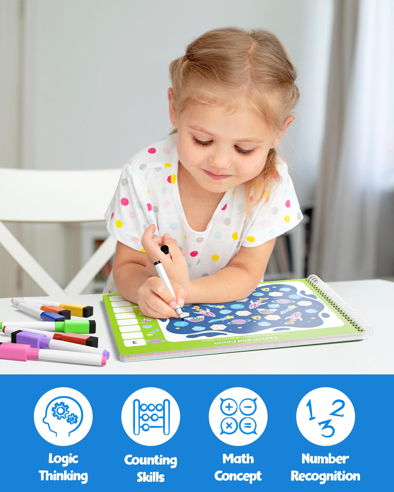 Coogam dry erase preschool activity book with colorful markers for handwriting practice.