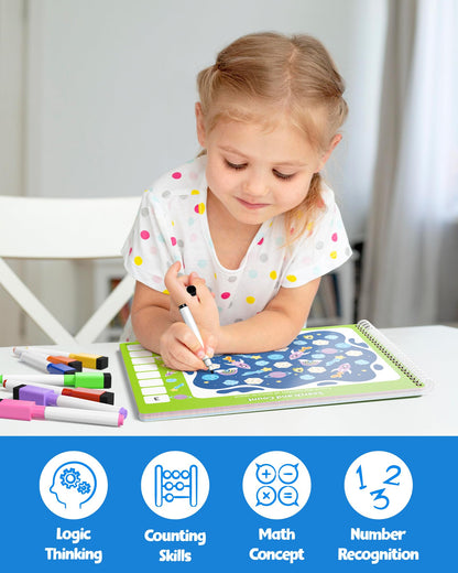 Coogam dry erase preschool activity book with colorful markers for handwriting practice.