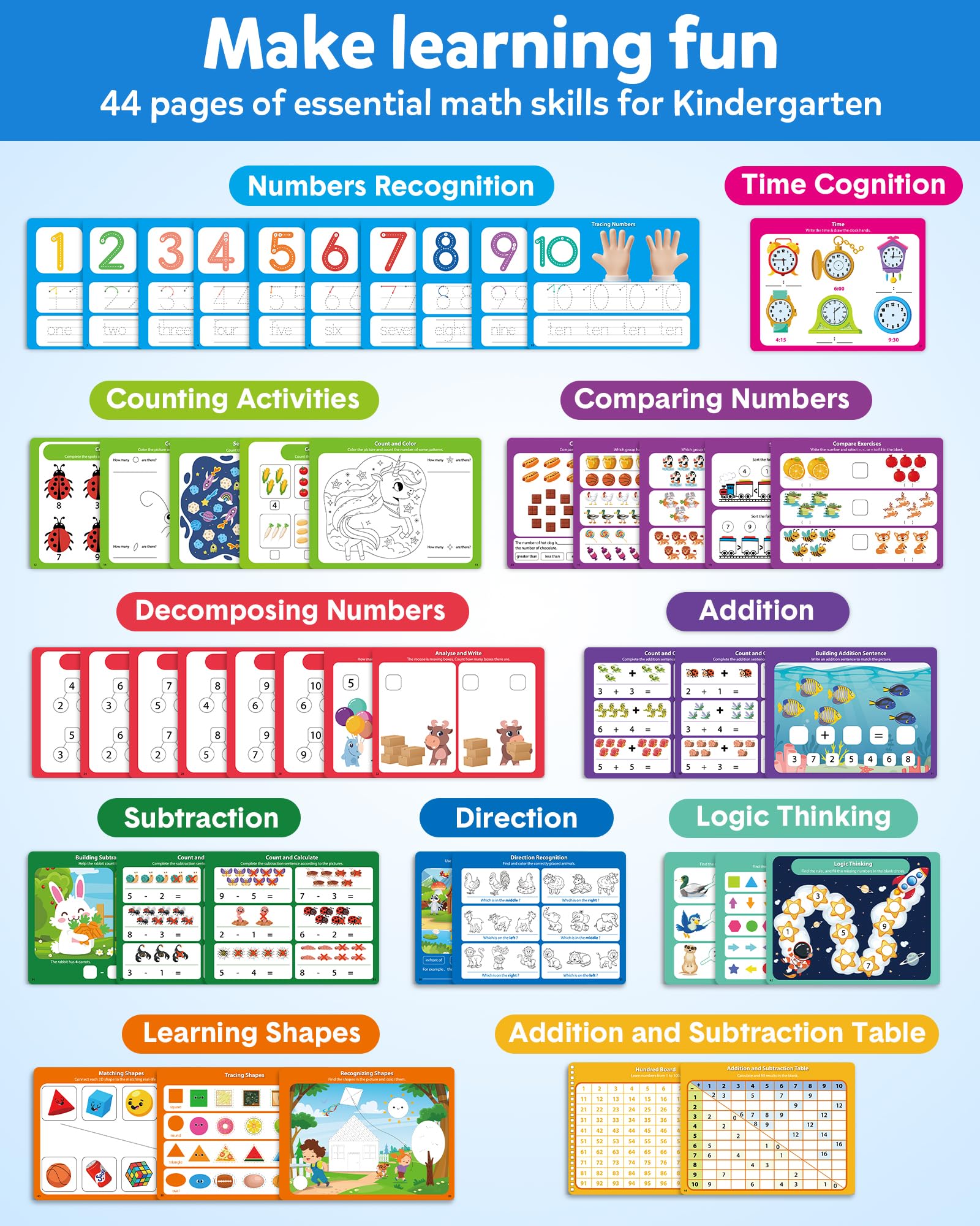 Montessori math addition and subtraction visual counting pages for children.