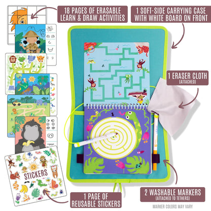 Totebook Dry Erase Activity Book open displaying the eighteen erasable jungle theme maze pages.