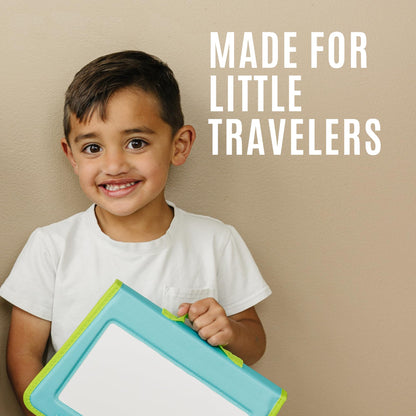 Totebook mess-free drawing book being used by a child inside a car seat during travel.