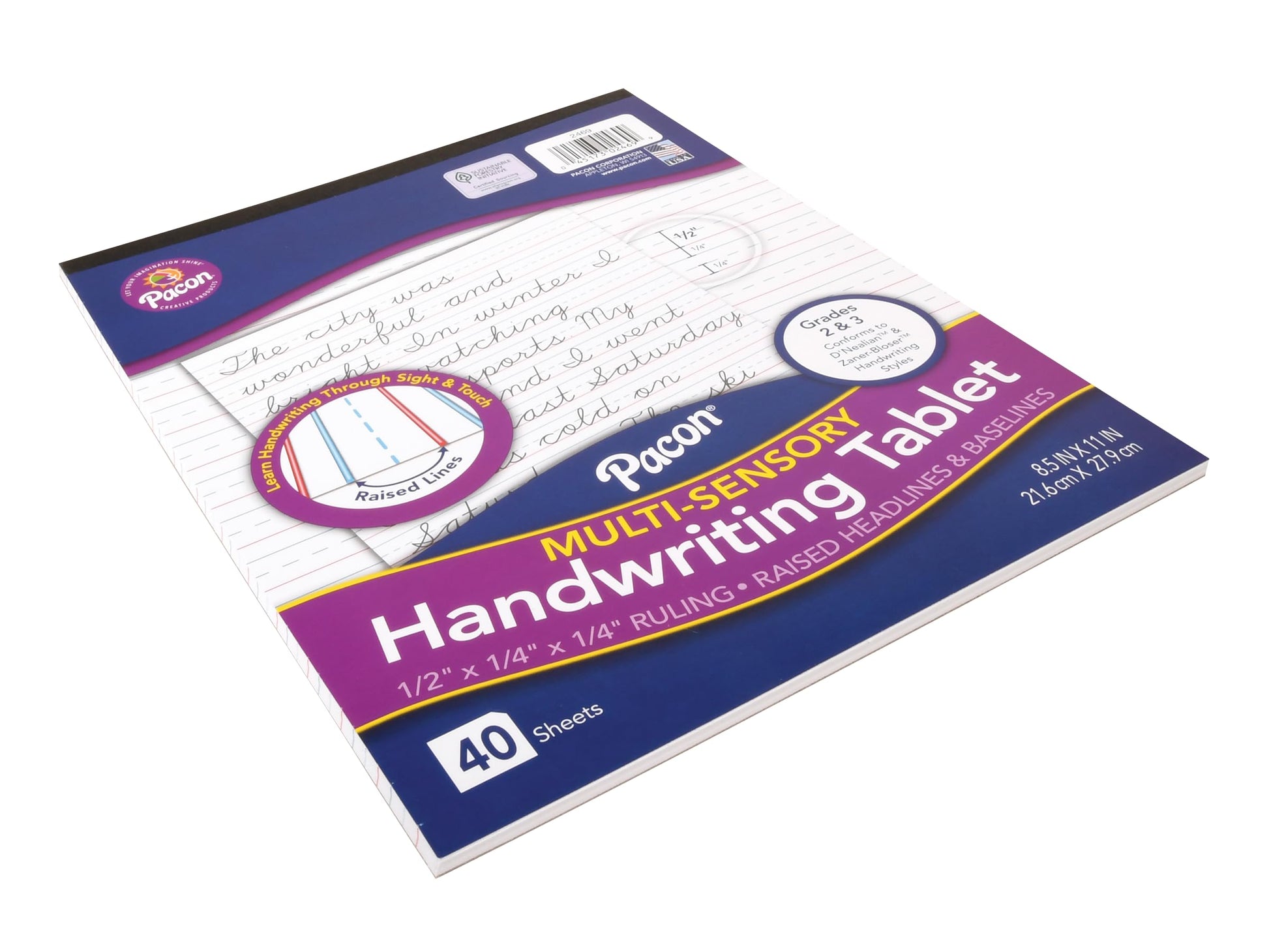 Pacon forty sheet multi sensory writing paper displayed in portrait orientation for occupational therapy and early learning