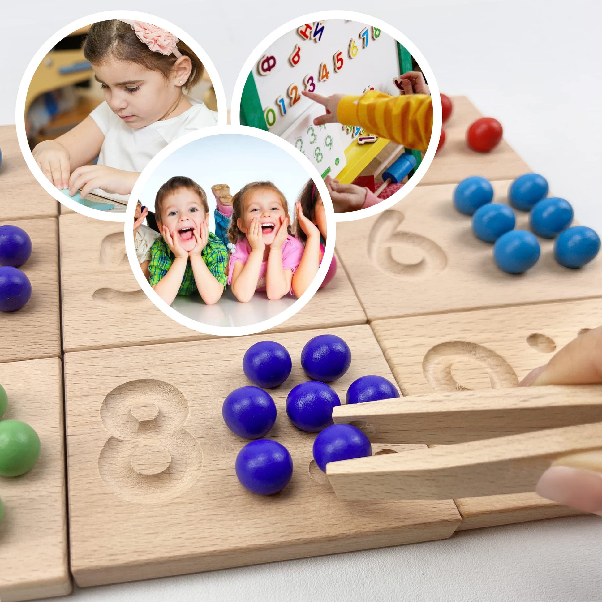 Toddler using wooden stylus to trace engraved number on Montessori math board