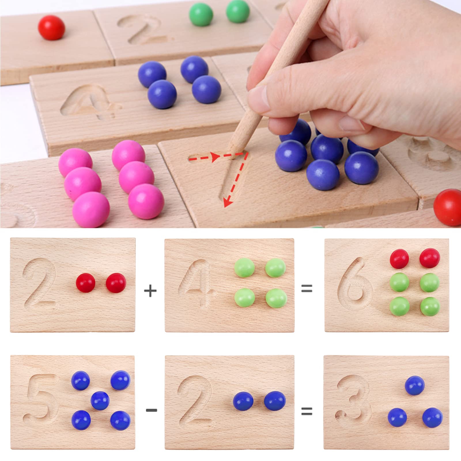 Close up of child using tweezers to place colorful beads into wooden board dimples
