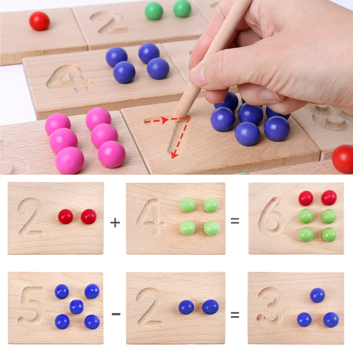 Close up of child using tweezers to place colorful beads into wooden board dimples
