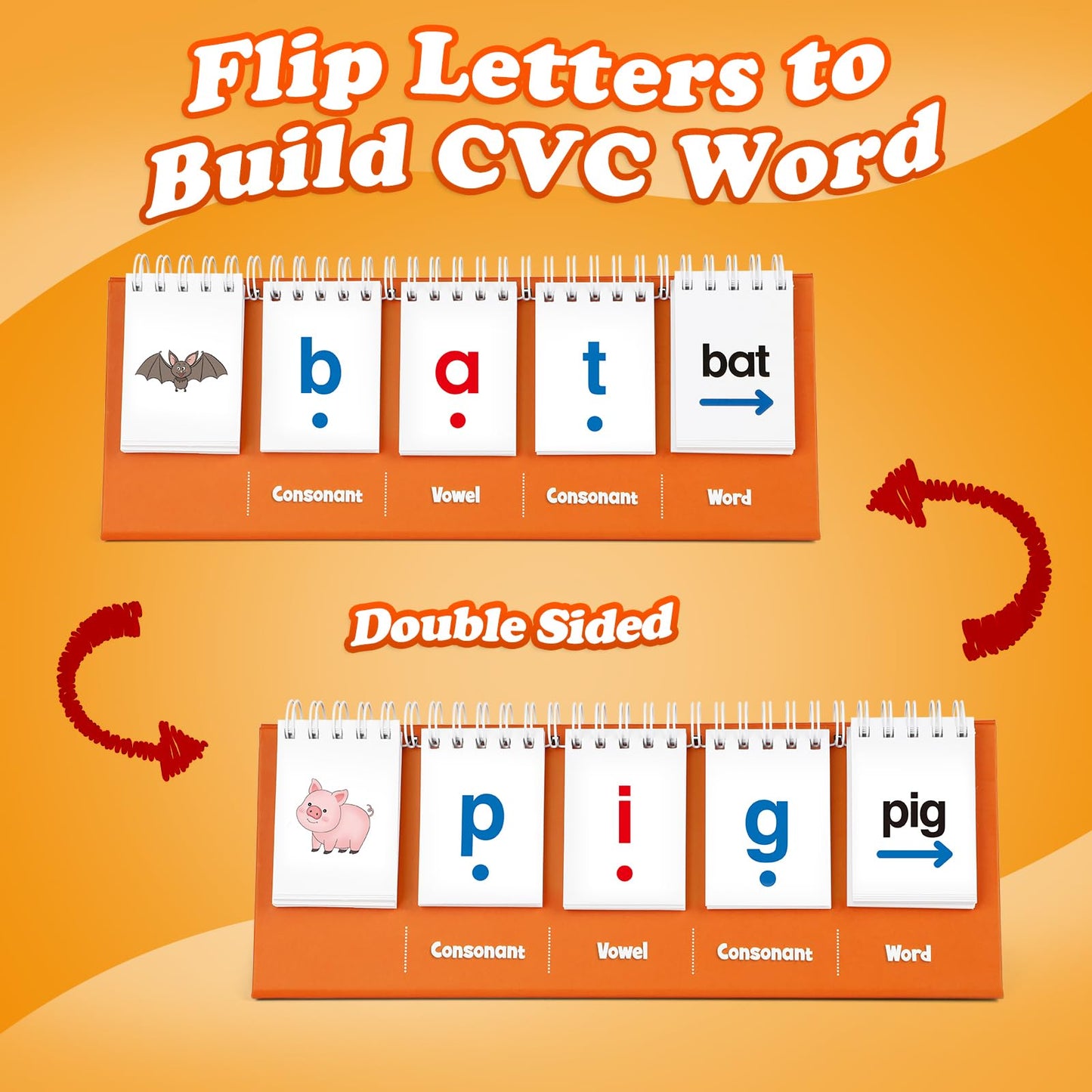 Close up of color coded consonant and vowel flashcards for kindergarten classroom