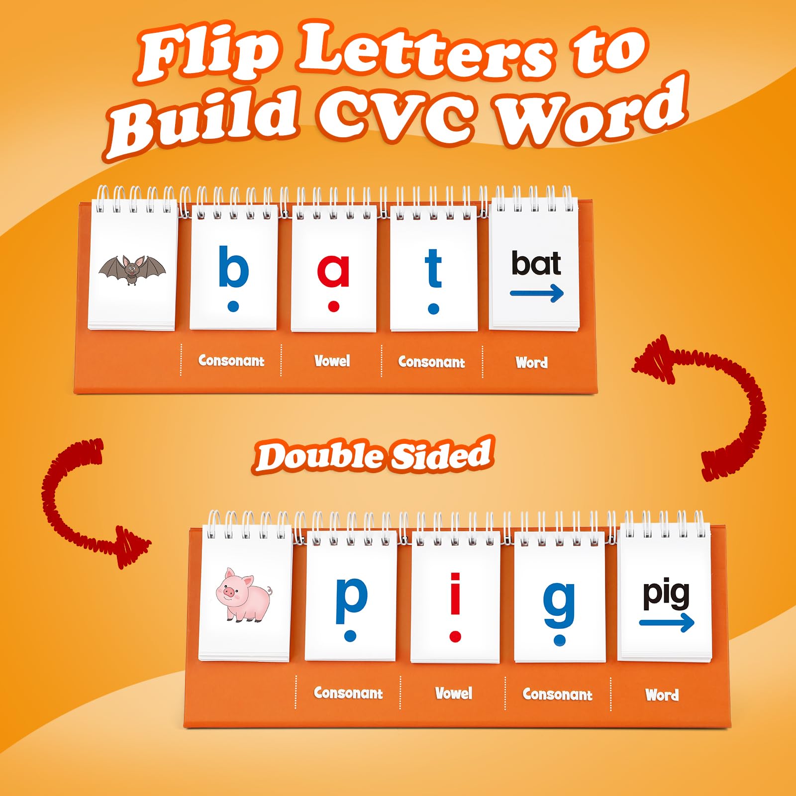Close up of color coded consonant and vowel flashcards for kindergarten classroom