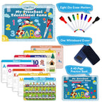Reusable preschool workbook open page showing number tracing with banana and orange illustrations.
