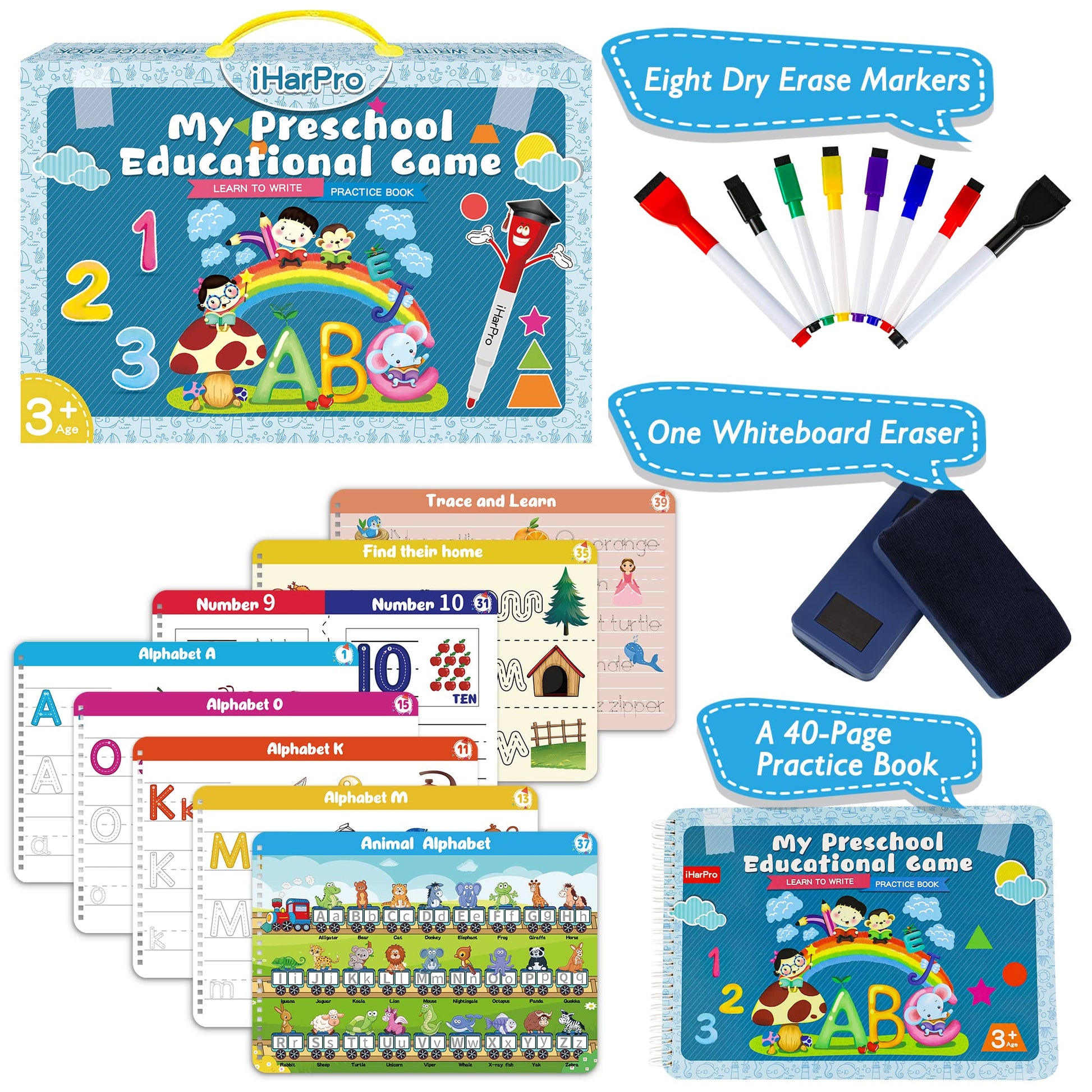 Reusable preschool workbook open page showing number tracing with banana and orange illustrations.