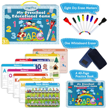 Reusable preschool workbook open page showing number tracing with banana and orange illustrations.