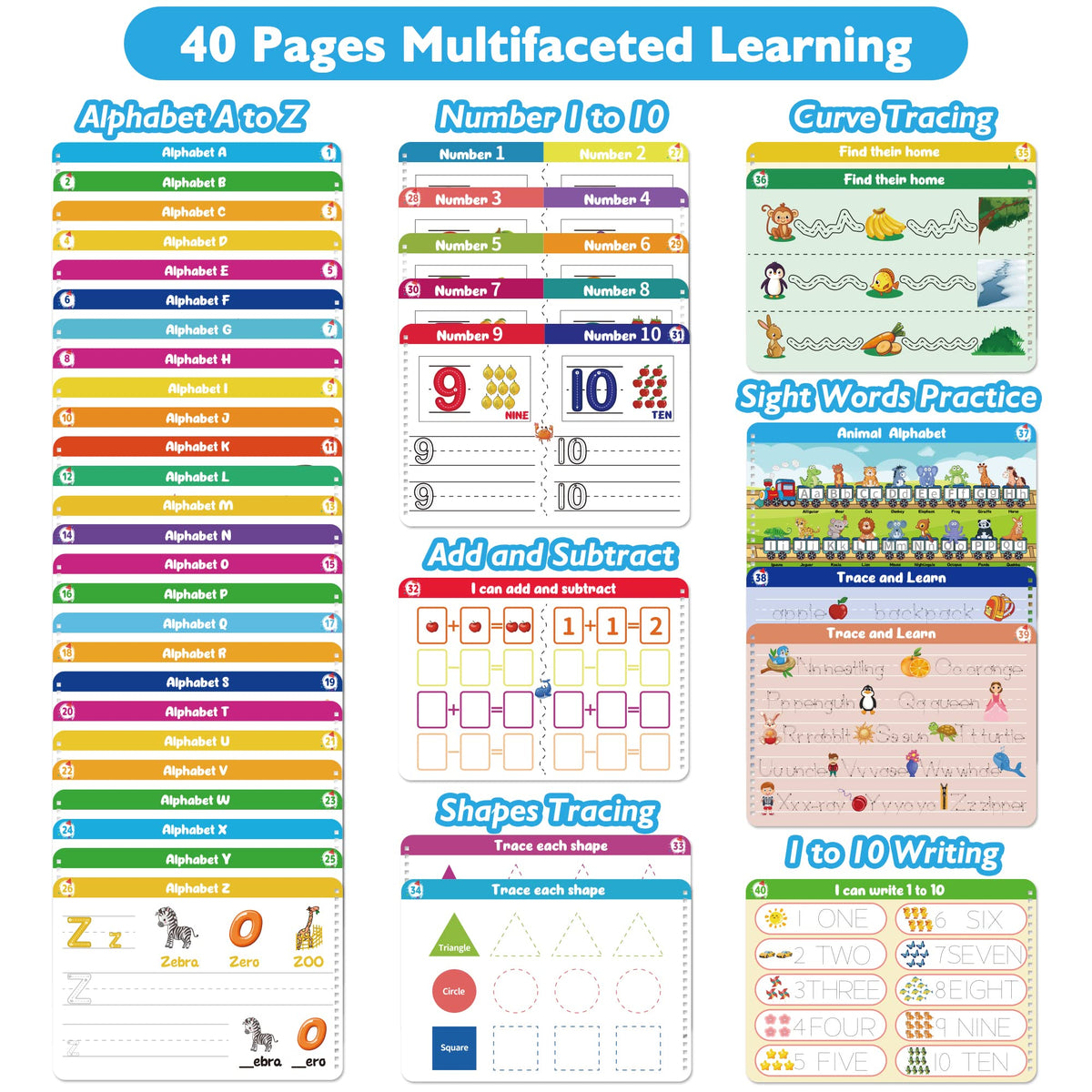 Montessori learning toy book showcasing uppercase and lowercase letter tracing guides.