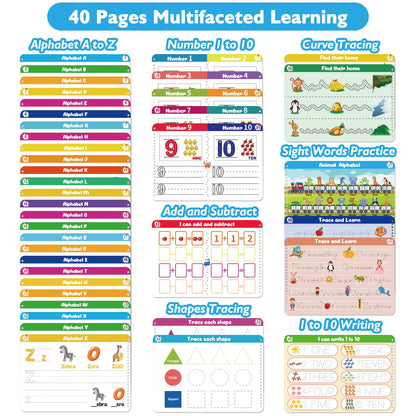 Montessori learning toy book showcasing uppercase and lowercase letter tracing guides.