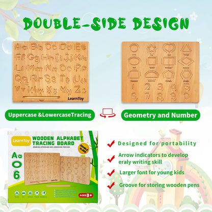 LearnToy educational toy reverse side displaying geometric shapes and numbers with a wooden stylus in use.