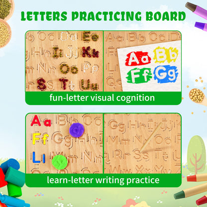 LearnToy sensory alphabet board showing smooth rounded edges and high-quality natural solid beech wood material.