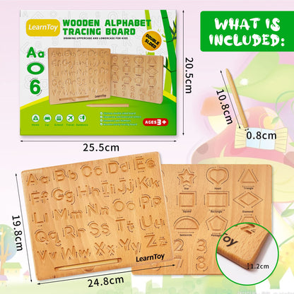 LearnToy portable alphabet tracing board compact travel size display with the stylus stored in its built-in slot.