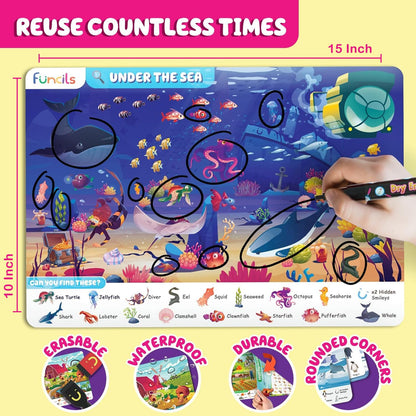 Funcils educational toys for toddlers highlighting the bonus handwriting board and drawing mat.