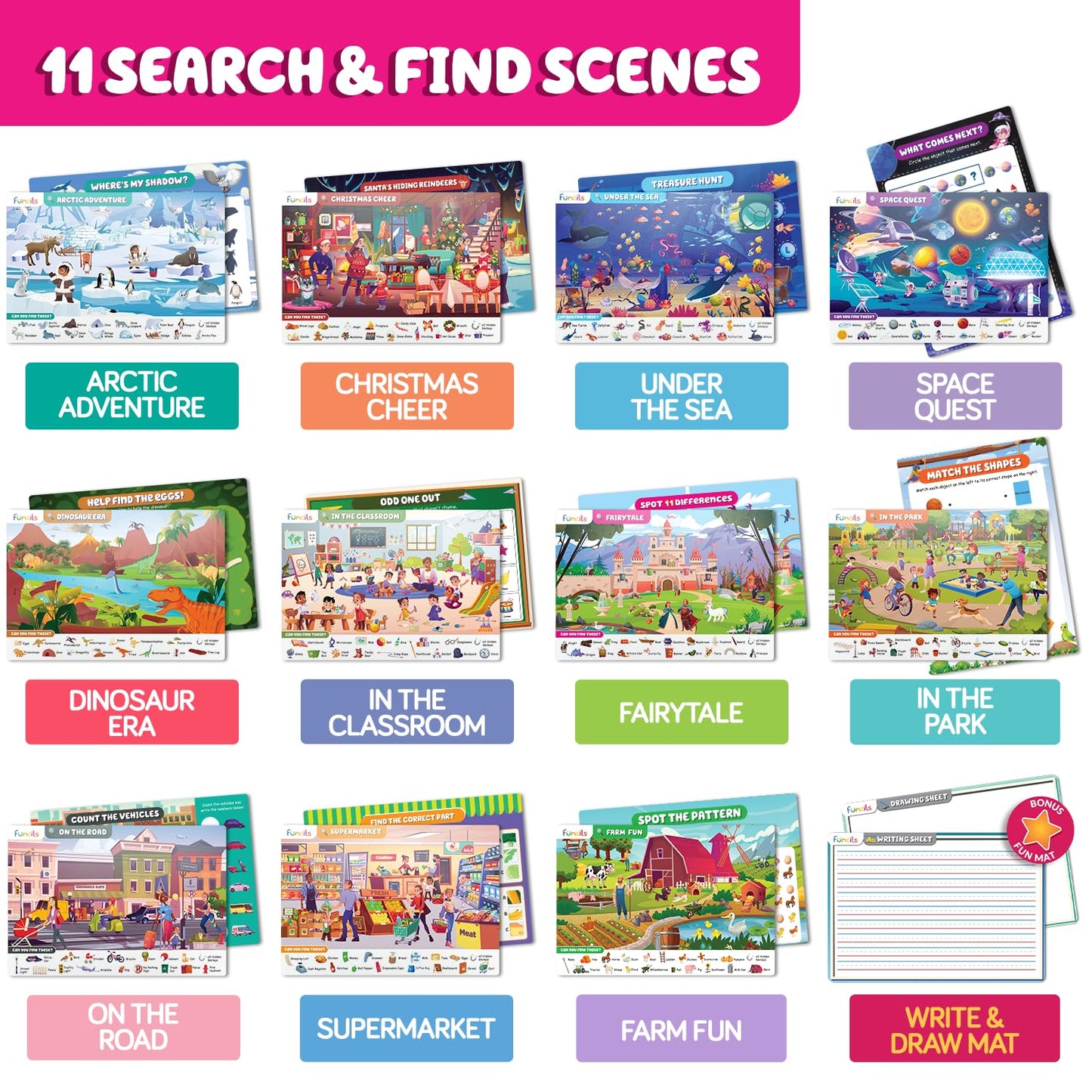 Funcils seek and find games kit displaying non-toxic markers and multi-themed learning sheets.