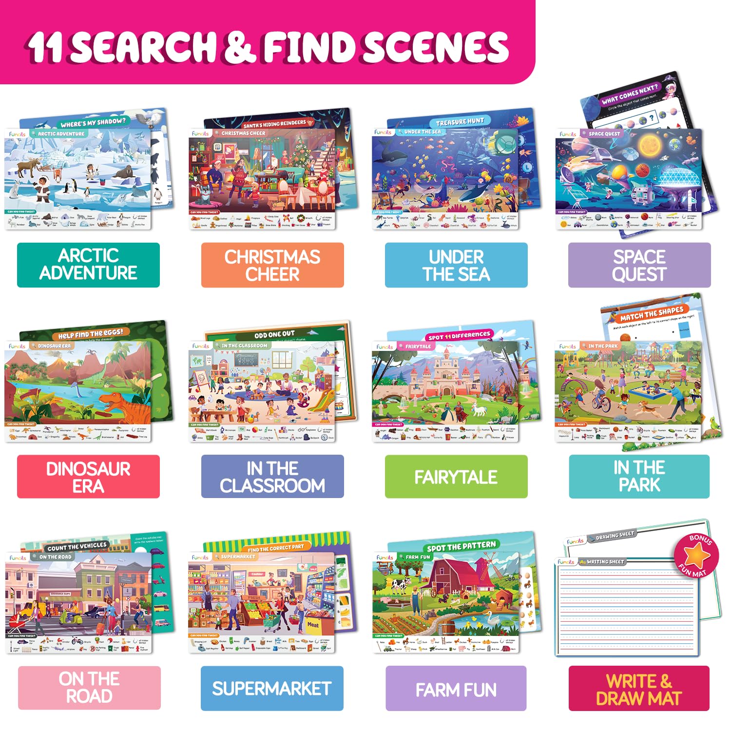 Funcils seek and find games kit displaying non-toxic markers and multi-themed learning sheets.