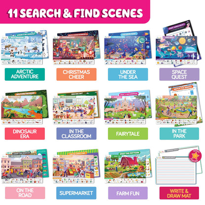 Funcils seek and find games kit displaying non-toxic markers and multi-themed learning sheets.