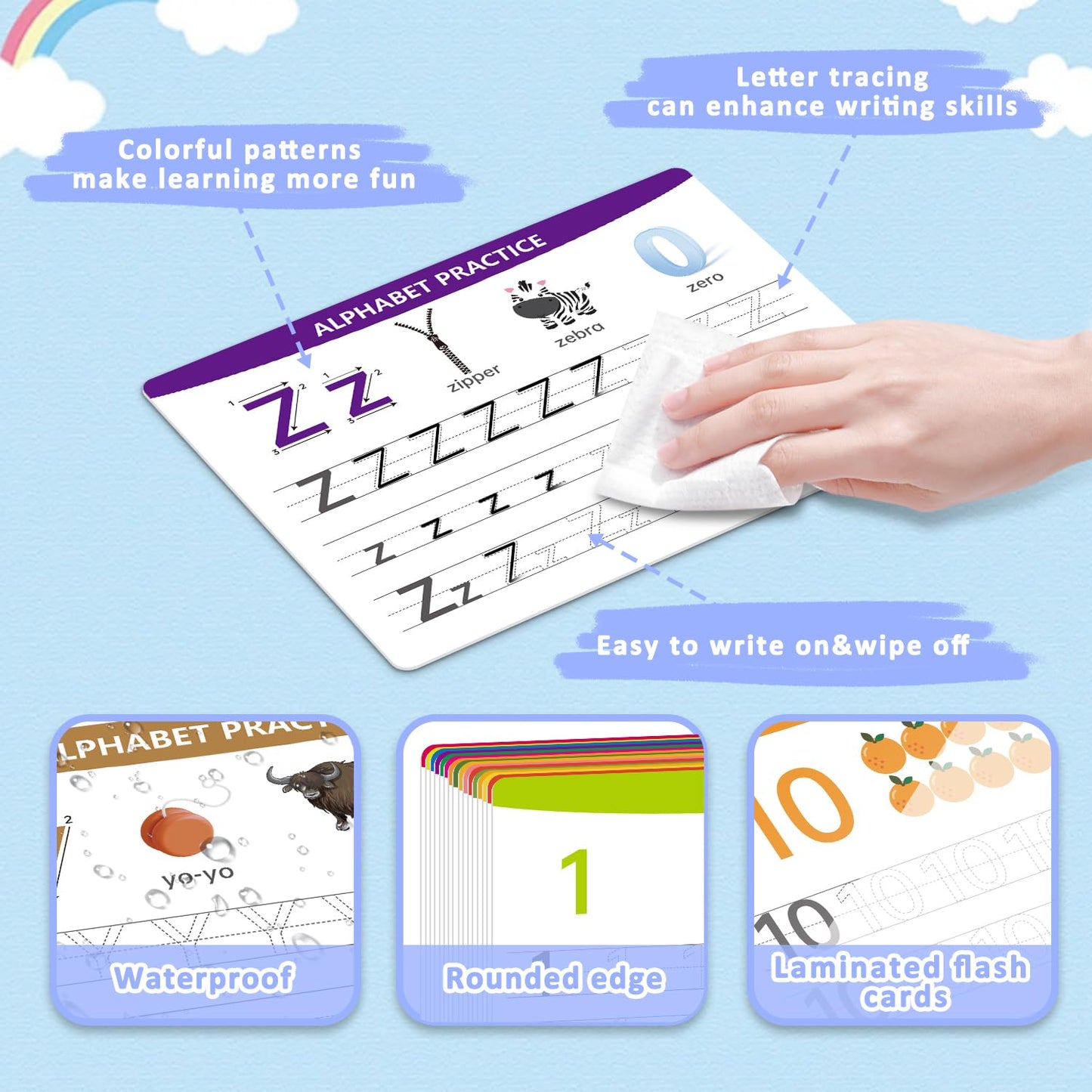 Close up of guided dashed lines and stroke arrows on WEIZHEN alphabet dry erase board