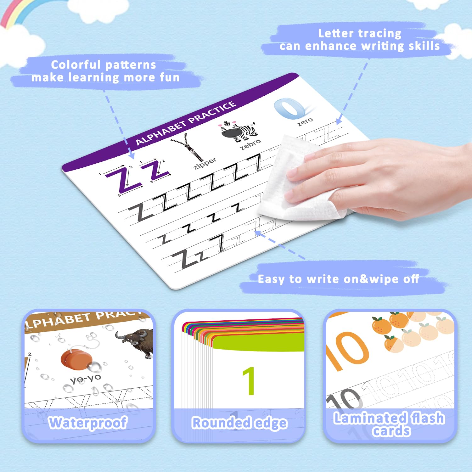 Close up of guided dashed lines and stroke arrows on WEIZHEN alphabet dry erase board