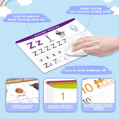 Close up of guided dashed lines and stroke arrows on WEIZHEN alphabet dry erase board