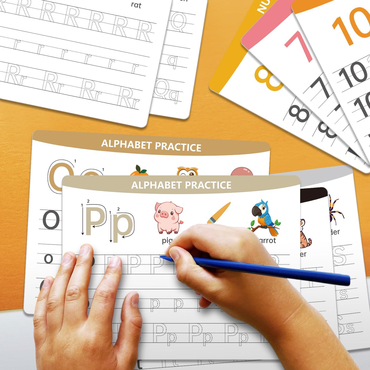 Full collection of eighteen double sided WEIZHEN learning sheets spread out on a table