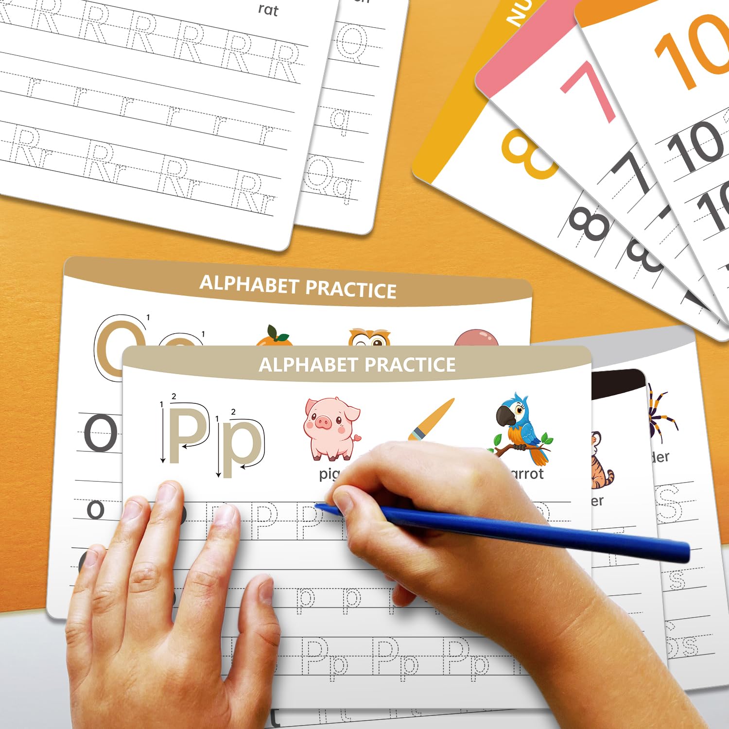 Full collection of eighteen double sided WEIZHEN learning sheets spread out on a table