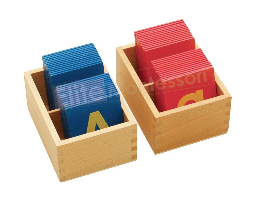 Full collection of fifty-two Elite Montessori language tiles showing color distinction between capital and small letters