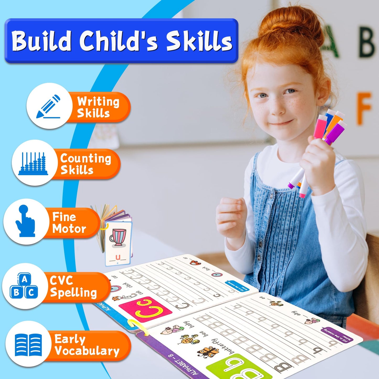 Hoqeewipe educational toy set showcasing the CVC word game cards and missing vowel spelling activities.