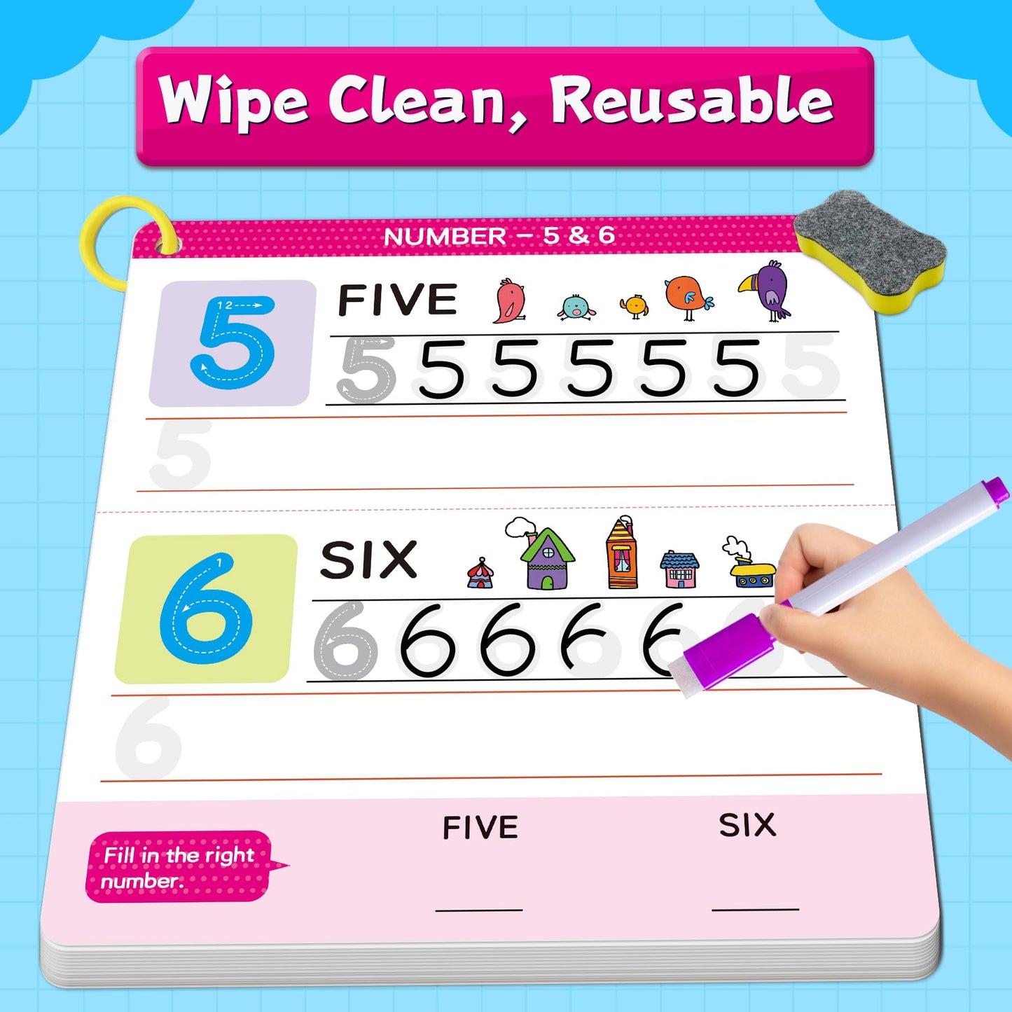 Wipe clean surface demonstration showing a cloth erasing marker lines from the number tracing preschool book.