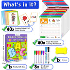 Full layout of the Hoqeewipe preschool workbook kit including colored markers, eraser, and double-sided sight word cards.