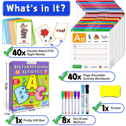 Full layout of the Hoqeewipe preschool workbook kit including colored markers, eraser, and double-sided sight word cards.
