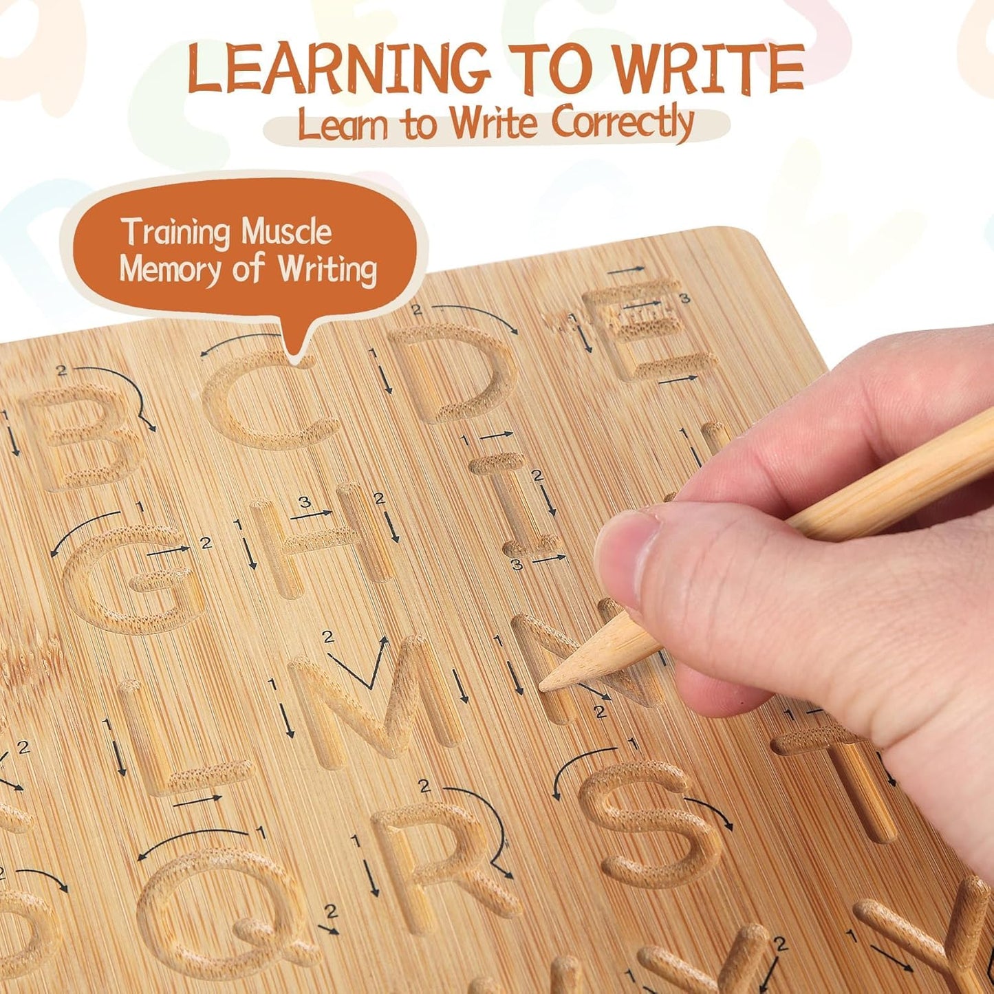 Close up of the directional arrows and engraved grooves on the Asweets wooden alphabet board